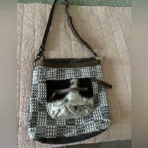 Large Myra Black and White Crossbody Bag with Adjustable Strap and Modern Design